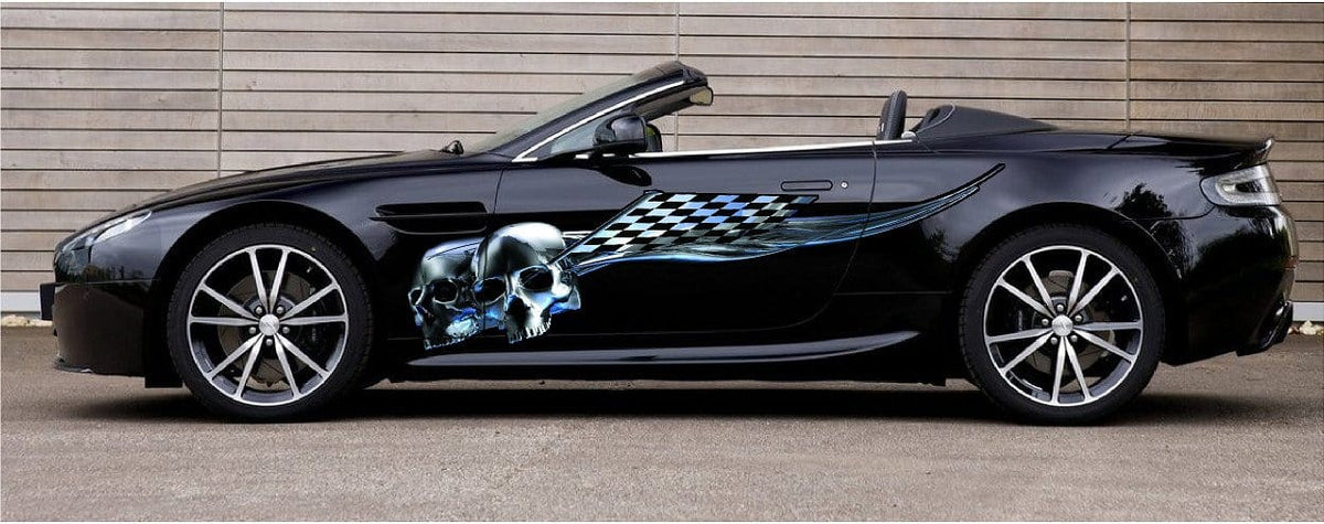 chrome skulls with checkers vinyl stripes on black car